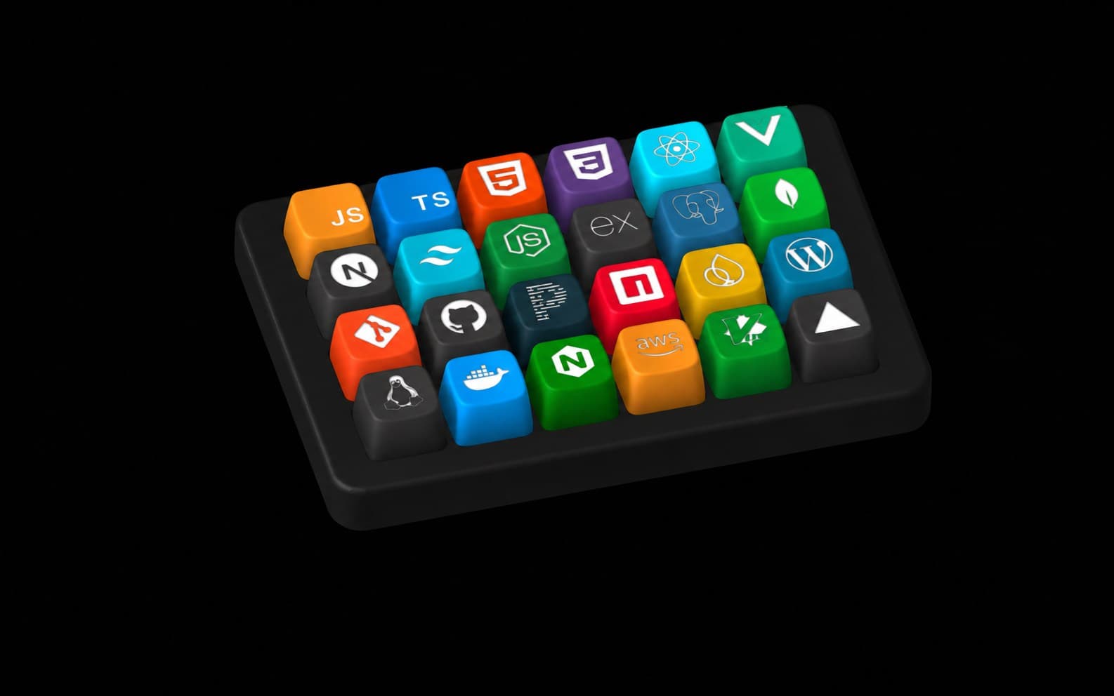 Colorful three-dimensional keyboard displaying technology symbols